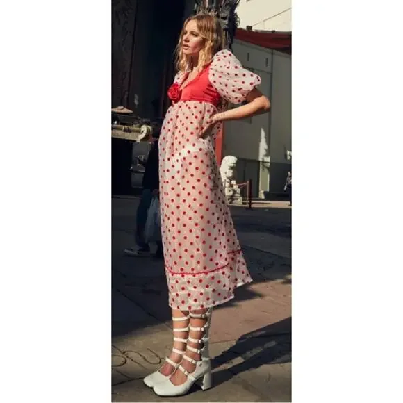 FOR LOVE & LEMONS Rhoda Polkadot Puff Sleeve Sheer Midi Dress Size XS - Picture 3 of 9